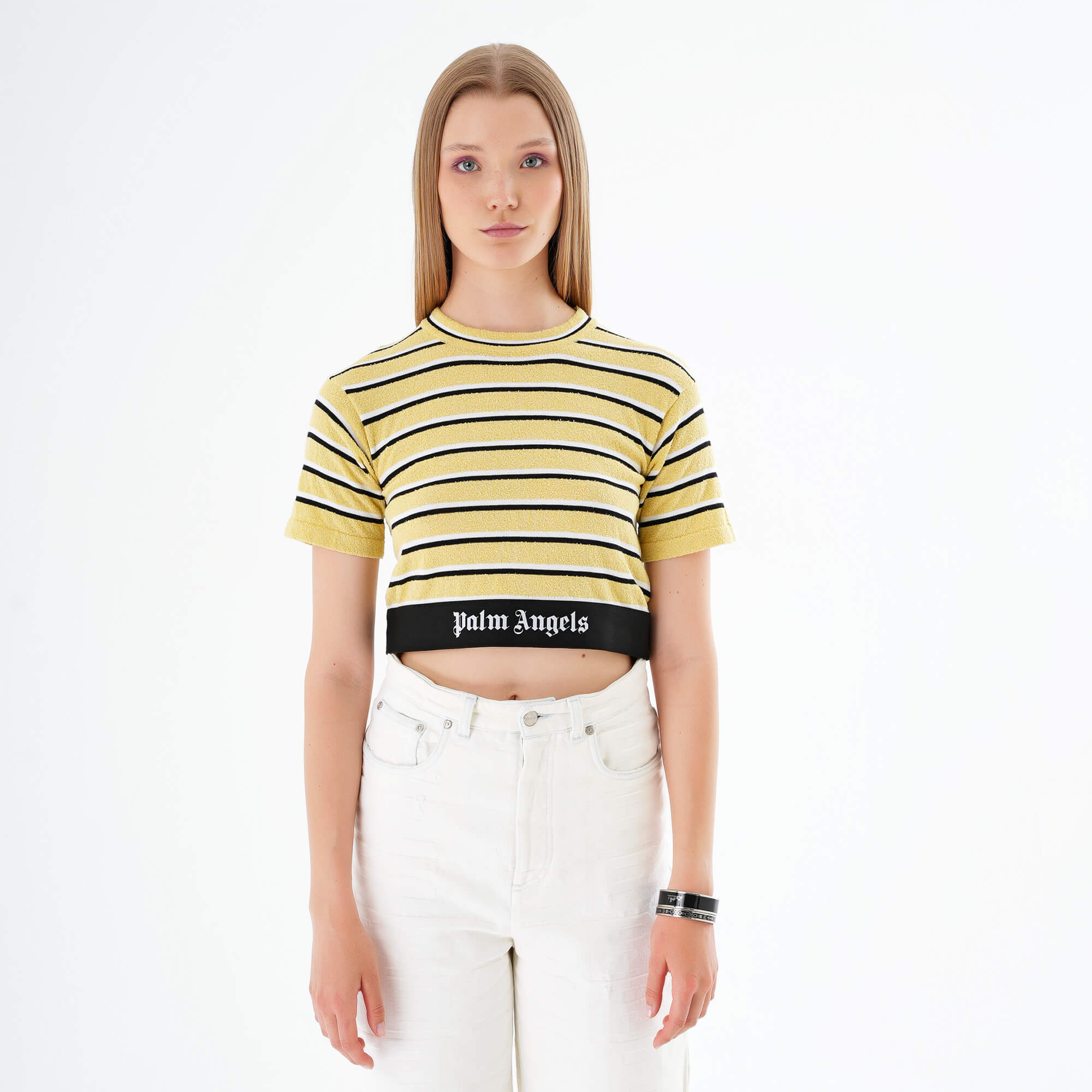 Palm Angels - Yellow & Black Stripe Knit Logo Tshirt M